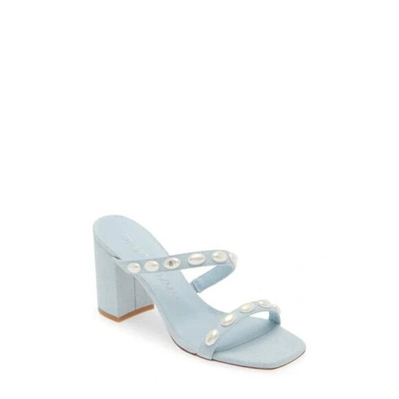 STUART WEITZMAN Pearlita Studded Denim Slide Sandal Light Blue Open Toe 10 - Picture 1 of 8
